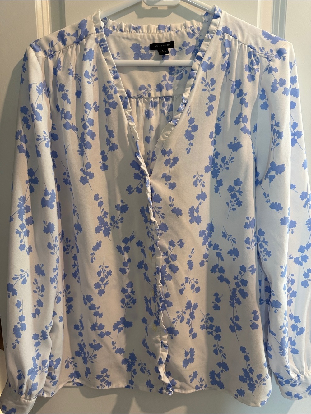 Ann Taylor White Blouse with Sky Blue Floral Print and Ruffle Trim